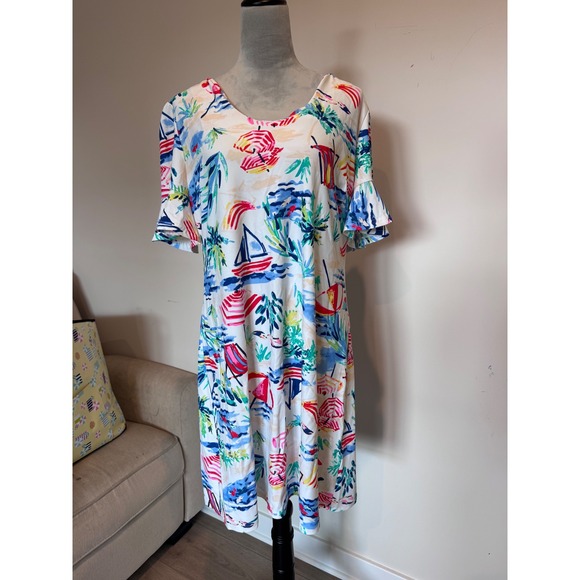 Aryeh Dresses & Skirts - Aryeh Womens XL Tropical Beach Print Bell Sleeve V-Neck Shift Dress Multicolor